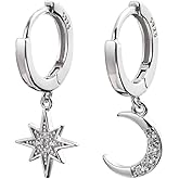 CZ Moon Star Dangle Small Hoop Earrings for Women Girls Sterling Silver with Charms Crystal Asymmetrical Snowflake Crescent Drop Mini Cartilage Clip Jewelry Delicate Fashion Birthday Gifts Best Friend