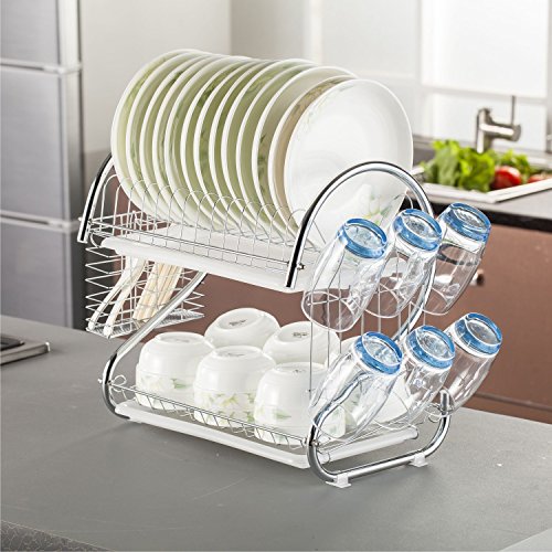 image for Dish Drying Rack - 【WORTOOL】2 Tier Dish Rack and Drain Board, 21 i