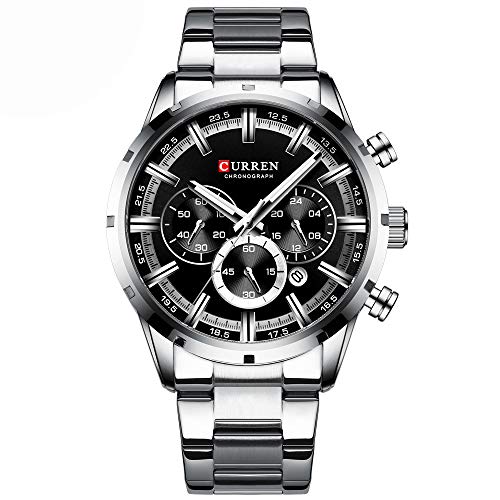 Curren Reloj de cuarzo para hombre, correa de acero inoxidable, reloj multifunción de moda, 3 ATM, pantalla luminosa, cronógrafo, calendario, fecha, relojes