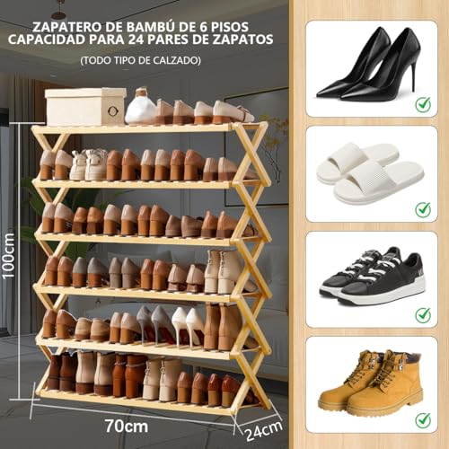 RESTSUKO Zapatero, Organizador De Zapatos De Bambú, Zapateros Independiente De 6 Niveles, Zapatero Recibidor, 20-24 Pares De Zapatos, Dormitorio, Puerta, SalóN, 70 Cm De Largo
