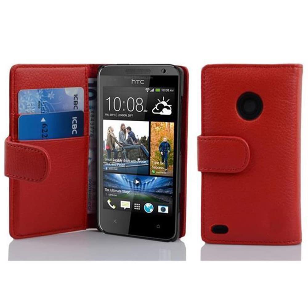 cadorabo Book Case works with HTC DESIRE 300 in CANDY APPLE RED - with Stand Function and Card Slot made of Structured Faux Leather - Wallet Etui Cover Pouch PU Leather Flip