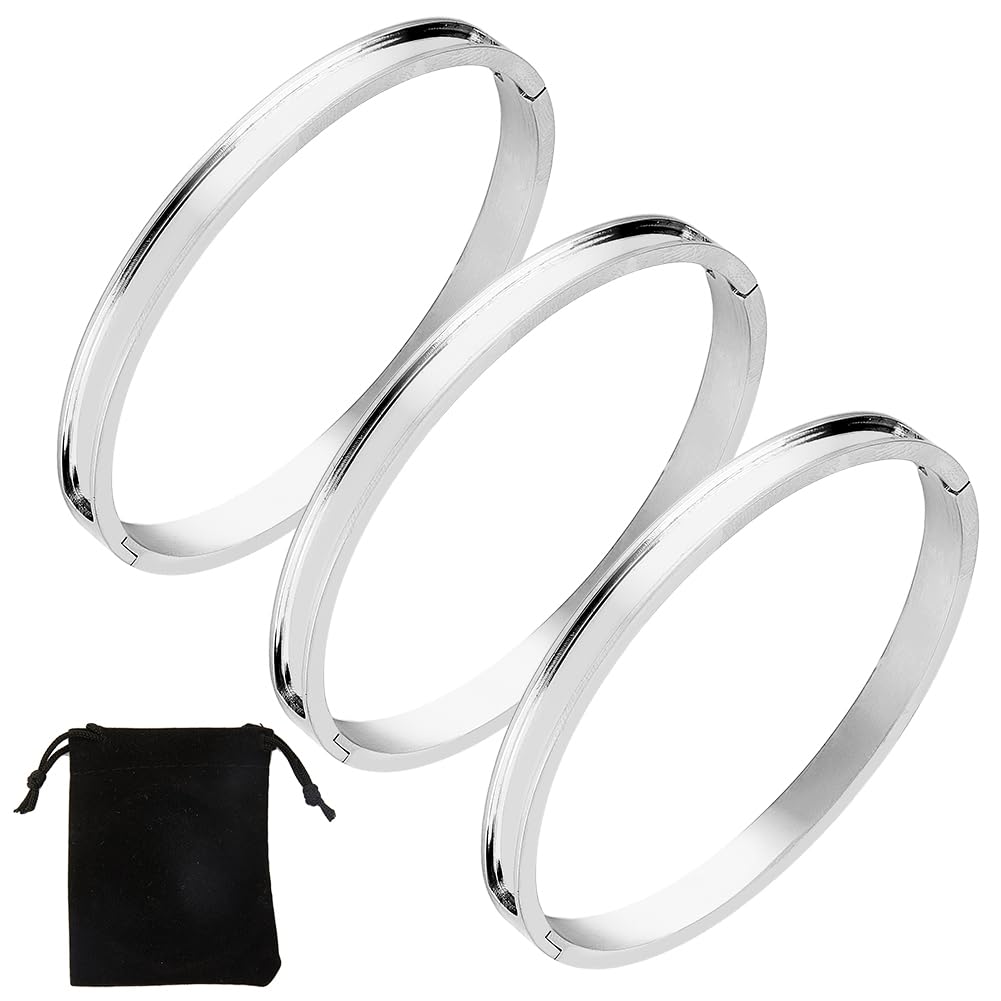 DICOSMETIC 3Pcs Egg Shaped Bangles Stainless Steel Grooved Bangles Blank Bracelet For Inlay Grooved Hinged Bracelet Stainless Steel Leather Inlay Bracelets for DIY Jewelry Making Craft
