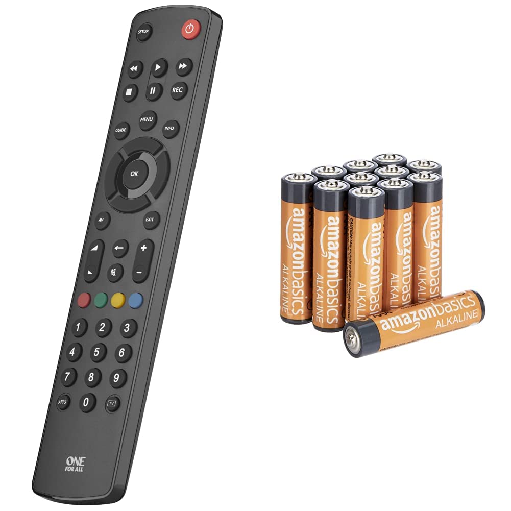 One For All Contour TV Universal Remote Control URC1210 – Ideal replacement for all types of TVs - With learning feature – Black & Amazon Basics AAA Performance Alkaline Batteries (12-Pack)