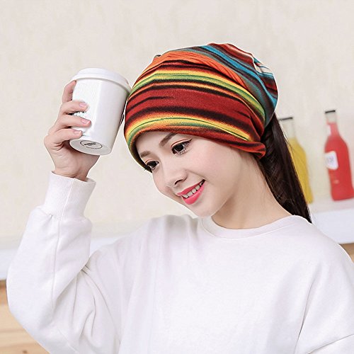 MIS1950s 2-in-1 Multi-Functional Stripe Beanie Hat, Ruffle Scarf, Turban,Head Wrap Cap,Lightweight Fashion Scarves for Women (Orange)