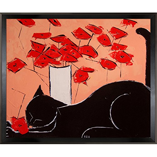 Black Cat (Horizontal) with Poppies - feline wall decor