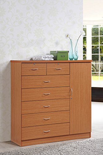 Hodedah 7 Drawer Jumbo Chest, Five Large Drawers, Two Smaller Drawers with Two Lock, Hanging Rod, and Three Shelves, Cherry