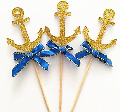 Elfun(TM) Glitter Gold with Blue Bowknot Navy Anchor Sailor Cupcake Topper Kids Boy Birthday Party Baby Shower Cake Decoration -10count