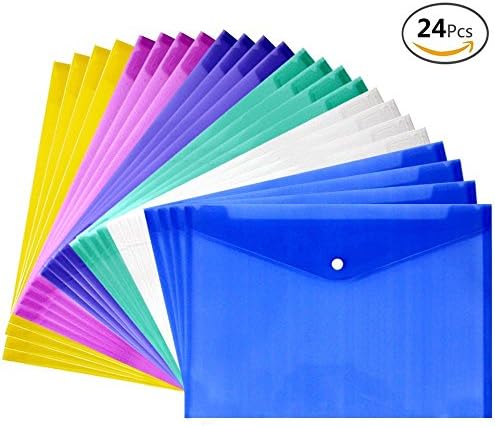 JUSLIN 24 Pcs A4 Polypropylene Document Folder, Assorted Colors, Waterproof Transparent Poly Envelope with Snap Button Closure