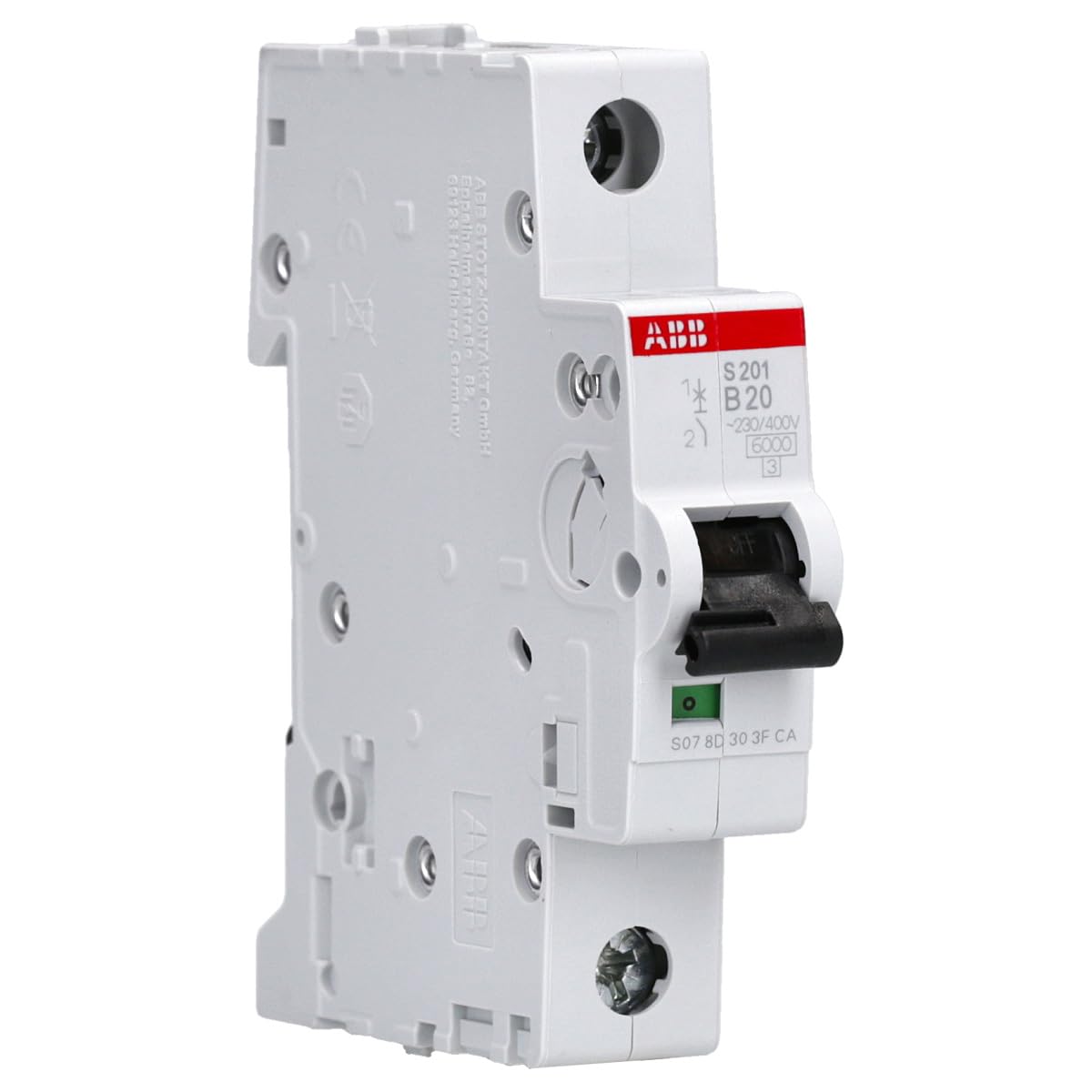 ABB S201-B20 Miniature Circuit Breaker, 1 Pole, Type B, 6/10kA Breaking Capacity, 20 Amp Current (2CDS251001R0205) White