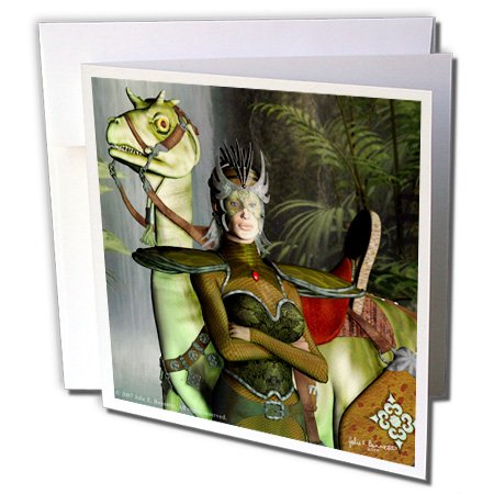 Art of Jolie E Bonnette Humanoids  Jungle Guardian Warrior Woman Dinosaur Fantasy 3D  12 Greeting Cards with e