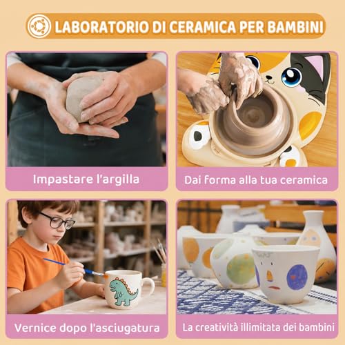 Ceramic Lathe for Kids - Complete Ceramic Kit for Beginners, Creative Set 6+ Years with 3x Air Drying Clay, DIY Ceramic Kit Easter Gift for Boys and Girls