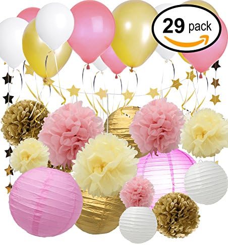 ARTBRIGHT 29 Pcs Tissue Paper Pom Poms Flowers Paper Lanterns and Star Paper Garland with Silk Ribbon and Balloons for Wedding Party Decorations