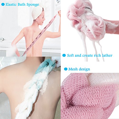 Bath Sponge Bamyko Exfoliating Braided Mesh Shower Pouf Loofah Stretch Back Scrubber 2 Pack + Loofah Pad
