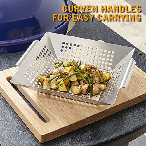 Ranphykx Vegetable Grill Basket - Safe/Clean Porcelain Enameled BBQ Grilling Basket (Large 12"x12"x3") for Veggies, Kabobs, Seafood, Meats - Stainless Steel - Thumbnail 4