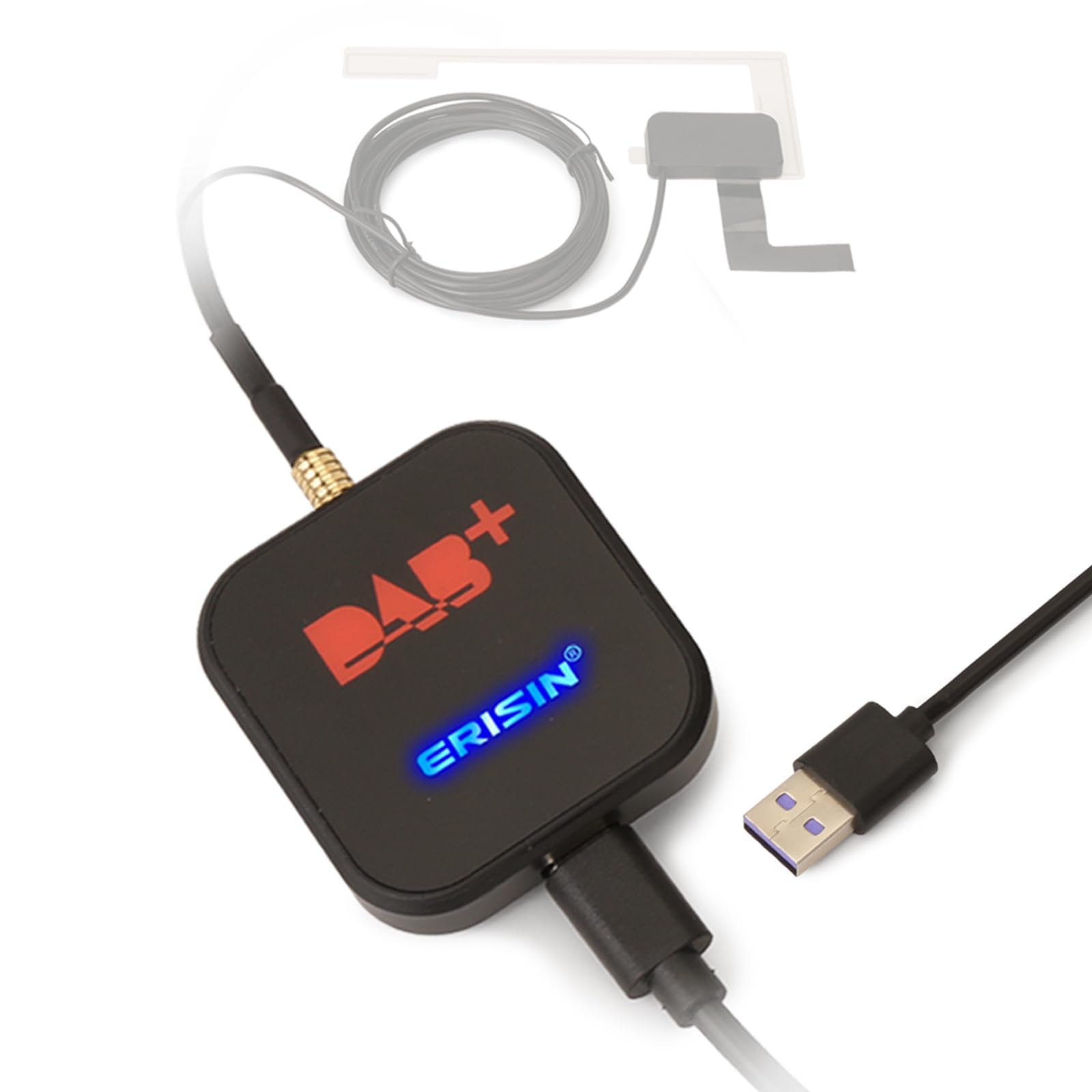 Erisin DAB+ Digital Radio Box Aerial with Amplified Antenna Kit Adapter for Car Stereo Android 11 12 13 14 USB Port Connection