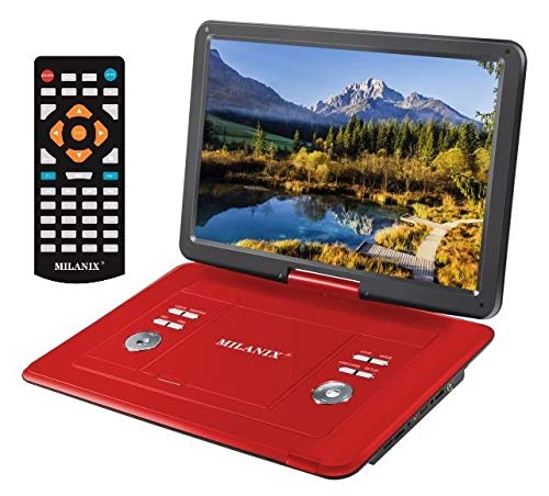 Milanix 15.4" HD Portable DVD Player, CD Player, Swivel Angle Adjustable Display Screen, USB/SD Card Memory Readers, and Built-in Rechargeable Battery with Remote Control, and in-Ear Headphones (Red) - Thumbnail 3