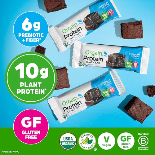Orgain Organic Vegan Protein Bars, Chocolate Brownie - 10g Plant Based Protein, Gluten Free Snack Bar, Low Sugar, Dairy Free, Soy Free, Lactose Free, Non GMO, 1.41 Oz (12 Count)