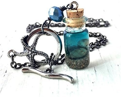Mini Vial Necklace - Ocean in A Bottle - Miniature Glass Pendant - Nautical - Sea Shell Sand - Beach Wedding Theme Jewelry
