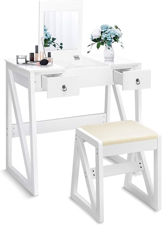 Amazon Com Giantex Vanity Set With Flip Top Mirror And 2 Drawers 9 Organizers Dual Modern Makeup Dressing Table Writing Desk With Cushioned Stool Easy Assembly White Kitchen Dining