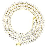 Bling Bling NY Mens One Row 14K Gold Finish Lab Created Diamonds 4MM Thick 3 Prong Stone Tennis Necklace Chain 18-24 Inches Iced Out Solitaires