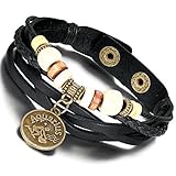 Arocent Handmade Leather Bracelet with Constellation Zodiac Sign Logo Charms, Beads, Button, Adjustable Size, Unisex