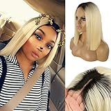 Front Wig 1B/613 180% Density Straight Short Ombre Bob Lace Wig 14 Inch Blonde Ombre Pre Plucked Lace Front Bob Cut Wigs for Black Women 13×4 Middle Part Bleached Knots