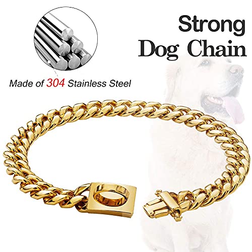 Stainless Steel Charm Metal Gold Chain Dog Collar with Buckle, Waterproof Anti-Chew Cuban Link Chain Bulldog Pendant Necklace Collar for Medium Large Dogs
