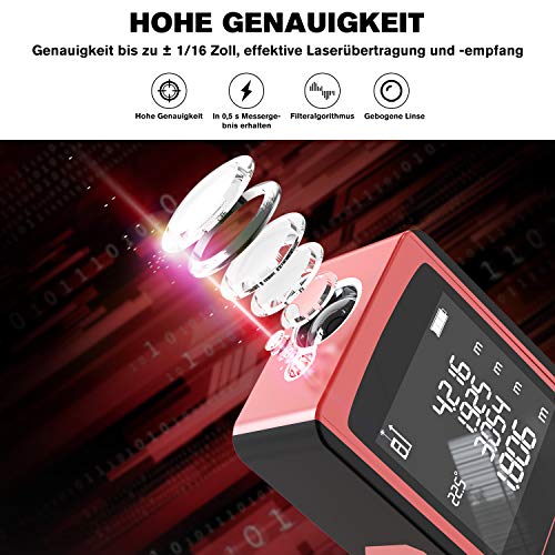 Laser Entfernungsmesser 60m mit Elektronischer Winkelsensor, LCD Hintergrundbeleuchtung, Pythagoras/Abstand/Fläche/Volumen Messungen(0,05~60m/±2mm, m/in/ft/ft+in, 99 Datenspeicherung)