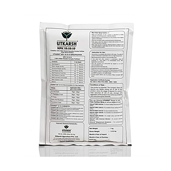 Utkarsh NPK (19 : 19 : 19) (900 gm) (Speciality Crystalline 100% Water Soluble Complex Fertilizer)(Foilar Spray… - Image 3