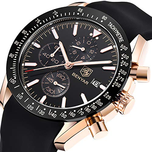 BENYAR Watch Men's Military Luxury Leather Stainless Steel Silicone Strap, Fashion Business Casual Waterproof Chronograph Quartz Men's Watch(Black)