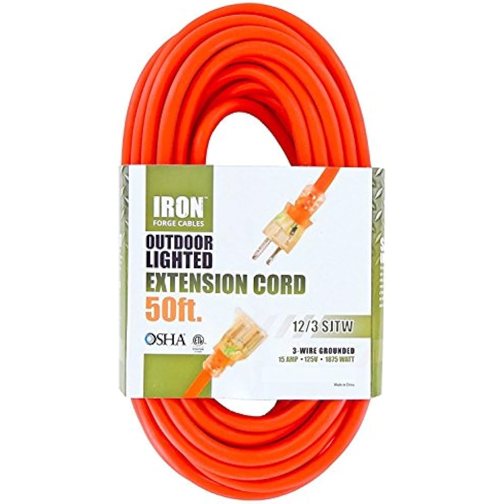50 Ft Orange Extension Cord 12/3 SJTW Heavy Duty Lighted Outdoor