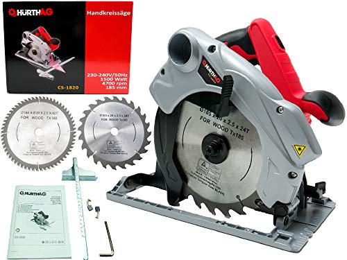 Kreissäge 1500W 4700 RPM Handkreissäge mit Laserführung SCHEIBENSÄGE HurthAG CS-1820 HANDSÄGE +2 SCHEIBEN 185 mm 24T+60T… – Bild 3