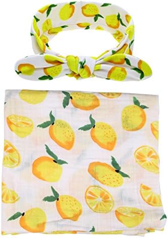 Newborn Baby Swadding and Receiving Blanket with Turban Headbands Boys and girls Cotton Swaddle Wrap (Lemon)