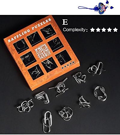 Baffling Wire Puzzle Come With Butterfly Embroidery Pendant, Metal IQ Puzzle Set of 9, Series E