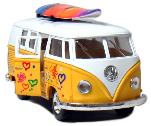 Set of 4 Vehicles: 5" 1962 VW Classic Van Flowers with Surfboard (Red, Green, Maroon and Yellow)
