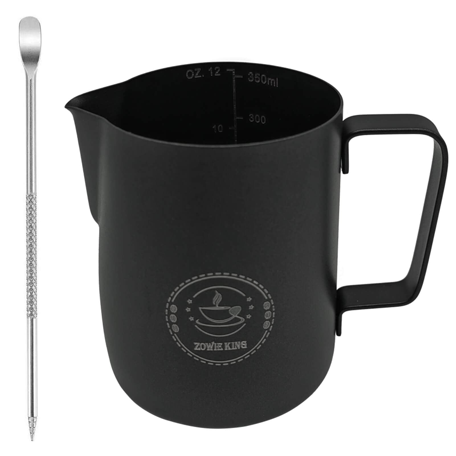 Stainless Steel Espresso Steaming Pitcher - 12oz Milk Frothing Jug for Cappuccino, Latte Art - Black