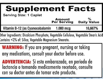 Amazon.com: Vitamina B12 de alta potencia, 1000mcg, set de 2 frascos con 100 tabletas c/u. Combate anemia, fatiga, aumenta la energia, revitaliza el sistema ...