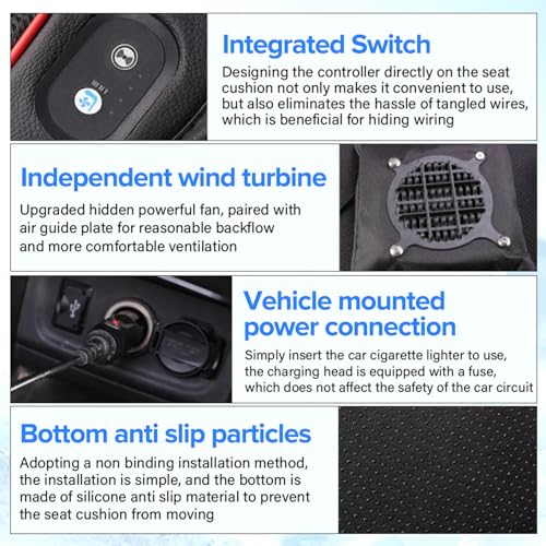 DMG Car Seat Cooling Cushion with 3 Speeds USB Fan, Breathable 3D Borneol Fabric & Lumbar Support, Summer Ventilation Mat for Auto, Truck, SUV