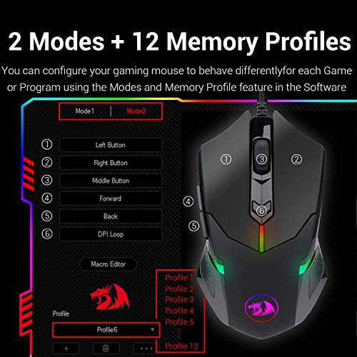 Redragon M601 RGB Gaming Mouse Backlit Wired Ergonomic 7 Button Programmable Mouse Centrophorus with Macro Recording & Weight Tuning Set 7200 DPI for Windows PC (Black)