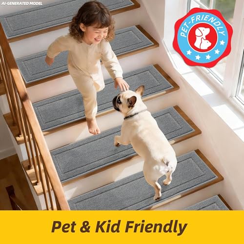 Non-Slip Stair Treads for Wooden Steps Indoor, 15 Pack 8" X 30" Edging Stair Rugs with TPE Backing,0.45" Thick Carpet Stair Treads for Kids Elders & Pets, 100% Polyester Soft Stair Runners, Light Grey | Non-Slip TPE Backing, Washable Stairs Carpet, Soft Polyester, Pet-Friendly for Wooden Steps
