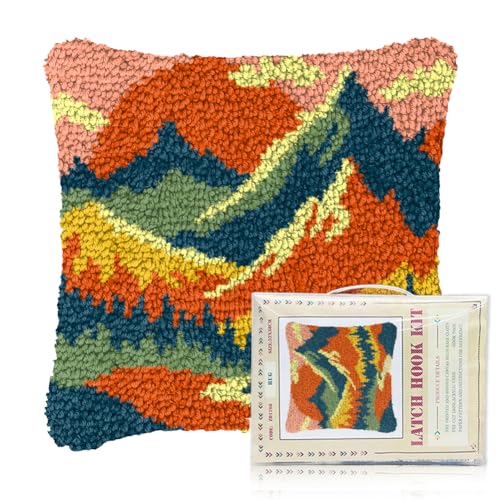 FREEBLOSS Sunset Latch Hook Kits for Adults Beginners DIY Throw Pillow Pre-Printed Hook and Latch Rug Kits Cross-Stitch Cushion Cover for Home Sofa Decoration 17x17in/43x43cm