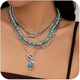 YYDSVOVO Silver Chunky Layered Necklaces for Women Boho Turquoise Beaded Neckalces Western Country Concert Stack Trendy Horseshoe Cactus Pendant Beach Jewelry Gift for Cowgirl
