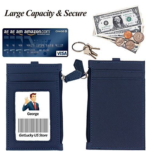 Badge Holder with Zipper,Boarding Pass Holder,2-Sided PU Leather ID Badge Holder with Retractable Badge Reel & Easy Clasp Keychain,1 ID Window 4 Card Slots 1 Zipper Pocket, 17.8” Neck Lanyard (Blue)