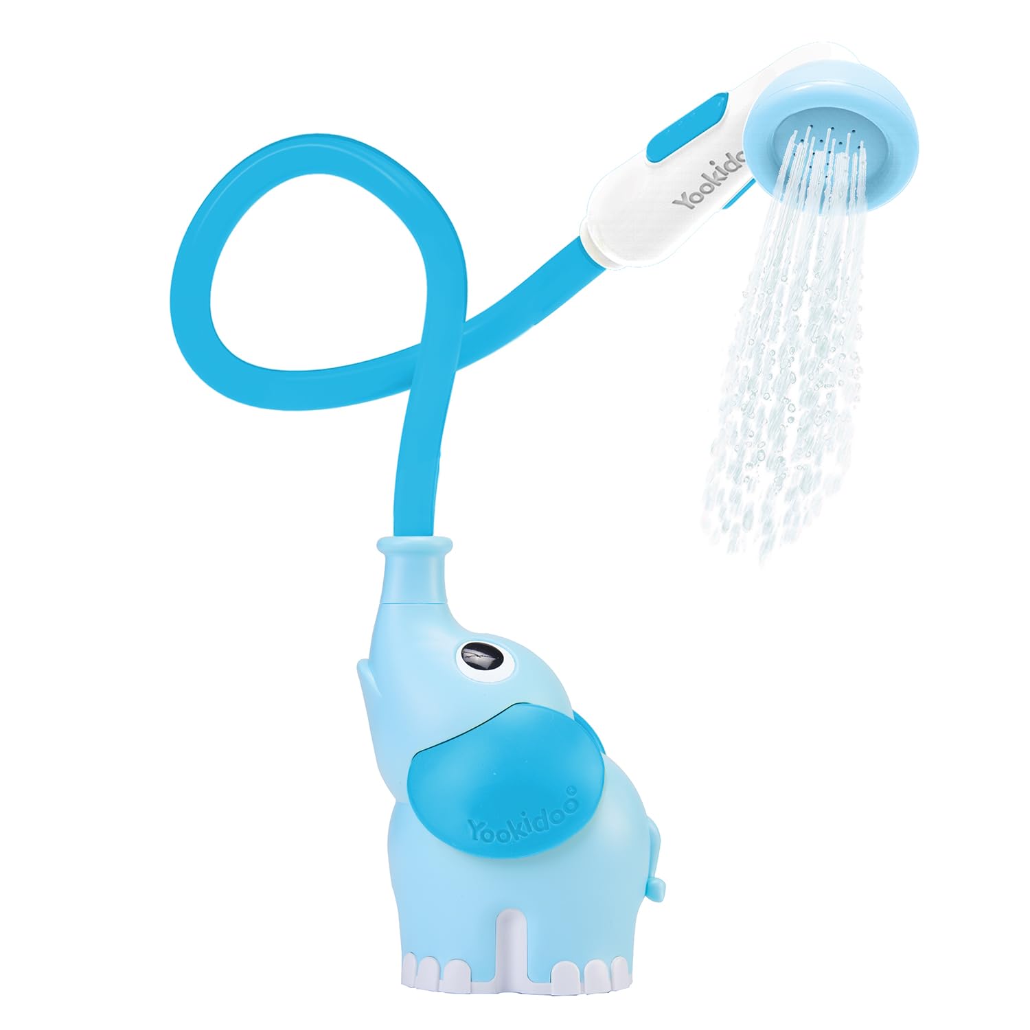 Yookidoo Baby Bath Shower Head - Elephant Water Pump with Trunk Spout Rinser - Control Water Flow from 2 Trunk Knobs in Tub or Sink for Infants and Newborn Babies (Blue and Deep Blue)