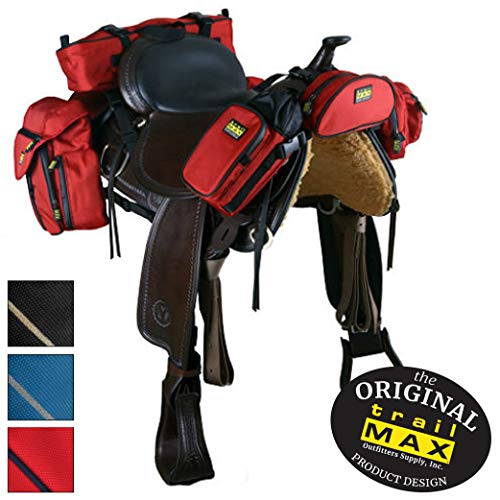 TrailMax 500 Series Deluxe 5-pc Saddle Bag System for Horse Trail Riding, with Front Pocket, Rear Saddlebags, Cantle Bag, Pommel/Horn Pocket & Water Bottle w/Carrying Bag, Lava Red