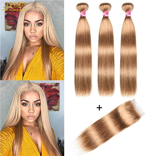 XCCOCO Hair Honey Blonde 3 Bundles Peruvian Silk Straight Hair with 4x4 Lace Closure Cheap 8A Pure Blonde Color 27# Remy Virgin Human Hair Bundles with Closure(20 20 22inch+18inch Closure)