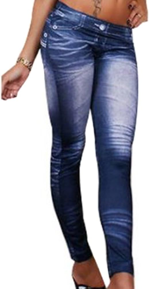 ECOSCO Women Denim Print Fake star Jeans Ankle Length Footless Pantyhose Legging Tregging Tight Skinny Slim One Size BLUE