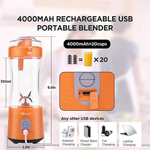 Portable Blender, Olivivi 2020 Multifunctional Personal Blender Mini Smoothie Blender 6 Powerful Blades, 4000mAh Rechargeable USB Juicer Cup Bottle with strainer Cleaning Brush for Travel BPA Free Orange