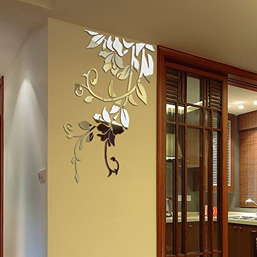 Rumas 3D Mirror Flower Wall Stickers for Living Room - DIY Home Decor for Bedroom Kitchen Kids Room - Removable Wall Murals Wall Decals - Silver Black Gold (Silver)