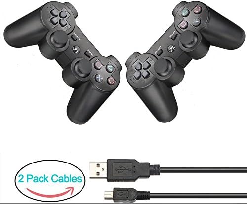 YOUCable PS3 Controller with 2 Packs Charger Cable Wireless Playstation 3 Remote Dualshock Bluetooth Gamepad (Black+Black)